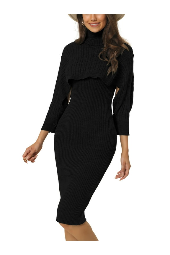 Juniors Two Piece Outfits Knitted Long Sleeve Turtleneck Sweaters Tank Bodycon Midi Dress Set