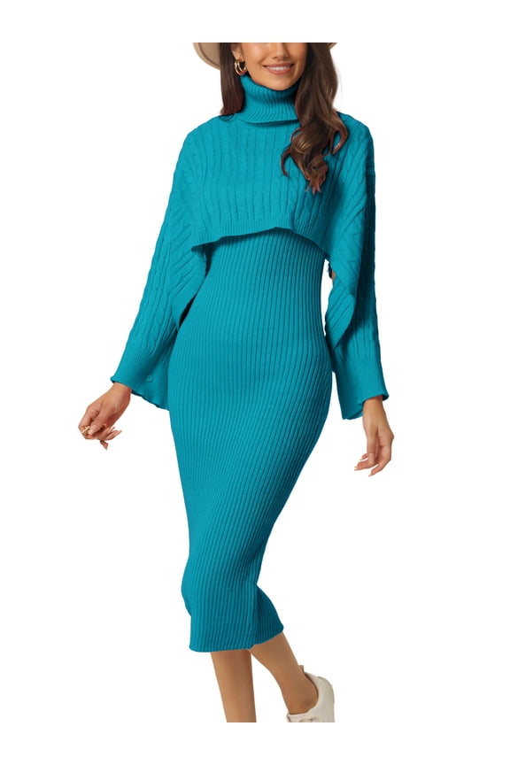 Juniors Two Piece Outfits Knitted Long Sleeve Turtleneck Sweaters Tank Bodycon Midi Dress Set