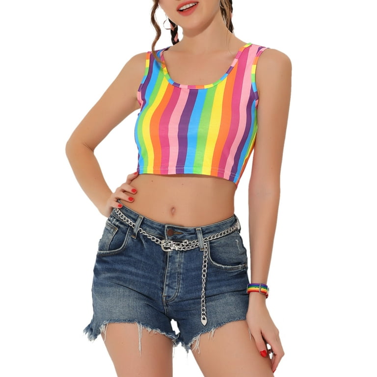 MODA NOVA Juniors' U Neck Rainbow Striped Crop Tank Top