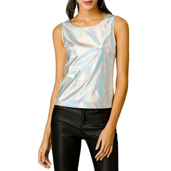 MODA NOVA Juniors U Neck Sleeveless Stretchy Slim Fit Metallic Tank Tops