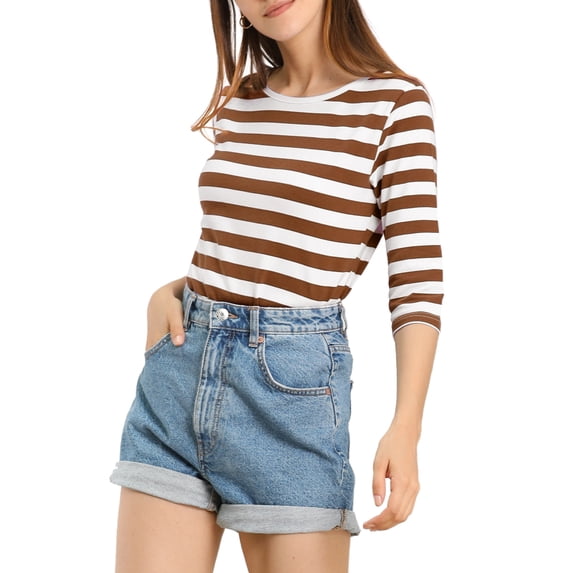 MODA NOVA Juniors Unlined Round Neck Elbow Sleeves Slim Fit Casual T-Shirt Brown White S
