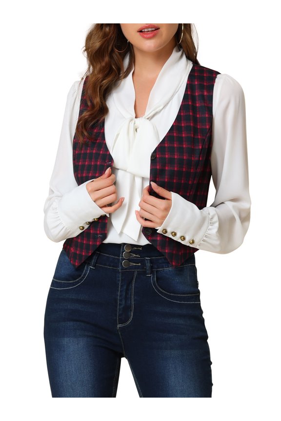 Juniors V Neck Cinched Waist Button Asymmetric Stretchy Plaid Sleeveless Jacket