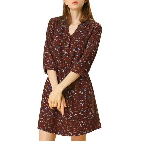 MODA NOVA Juniors V Neck Floral 3/4 Sleeves Side Pockets Button Dress