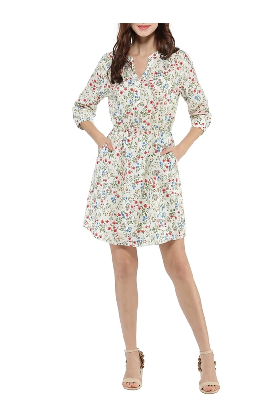 Juniors V Neck Floral 3/4 Sleeves Side Pockets Button Dress