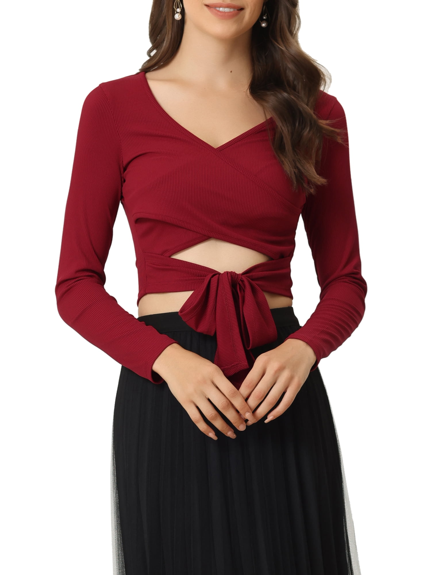 MODA NOVA Juniors V Neck Knot Front Long Sleeve Faux Wrap Crisscross Crop Top Wine Red XL Walmart Business Supplies