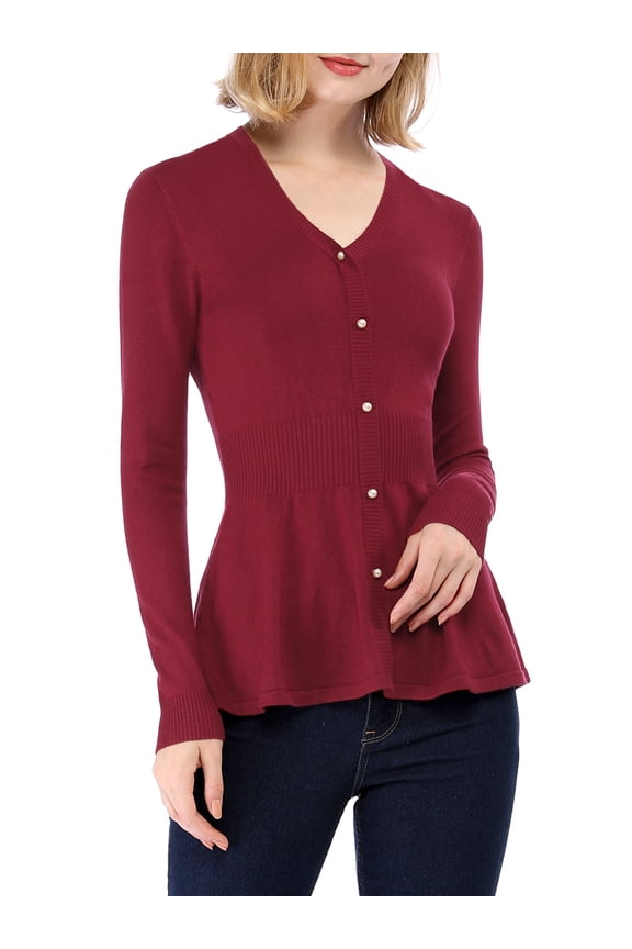 Juniors V Neck Long Sleeve Ribbed Pullover Knitted Peplum Sweater