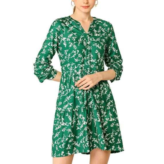 MODA NOVA Juniors V Neck Long Sleeves Cinched Waist Half Placket Floral Dress