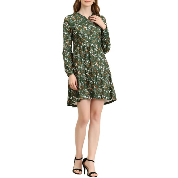 MODA NOVA Juniors V Neck Long Sleeves Cinched Waist Half Placket Floral Dress
