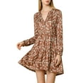 thumbnail image 1 of MODA NOVA Juniors V Neck Long Sleeves Cinched Waist Half Placket Floral Dress, 1 of 8