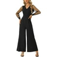 thumbnail image 1 of MODA NOVA Juniors V Neck Mesh Long Sleeve Loose Wide Leg Romper Party Jumpsuits, 1 of 5