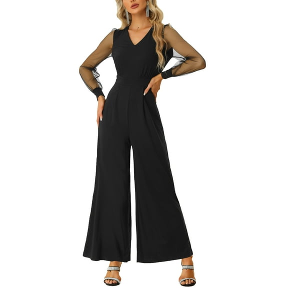 MODA NOVA Juniors V Neck Mesh Long Sleeve Loose Wide Leg Romper Party Jumpsuits