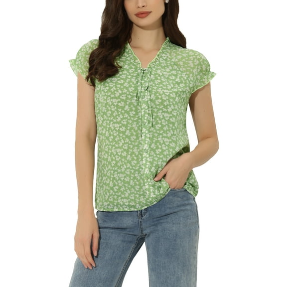 MODA NOVA Juniors V Neck Short Sleeves Ruffled Trim Ditsy Floral Chiffon Blouse