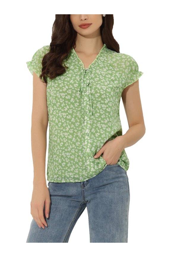 Juniors V Neck Short Sleeves Ruffled Trim Ditsy Floral Chiffon Blouse