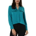 thumbnail image 1 of MODA NOVA Juniors V Neck Top Long Sleeve Pleated Front Work Office Blouse Lake Blue 2XL, 1 of 6