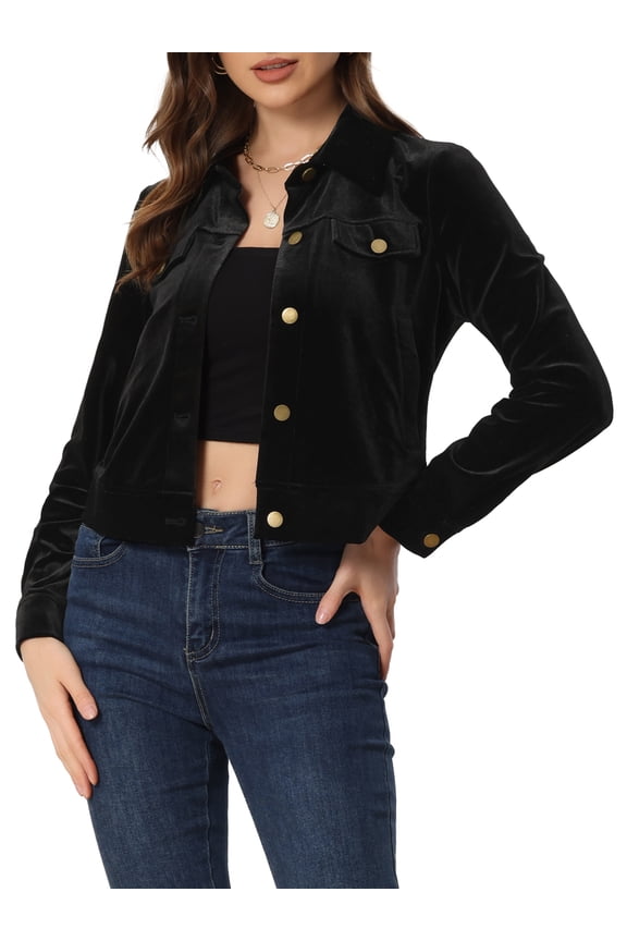 Juniors Velvet Jacket Faux Flap Pocket Long Sleeves Button Front Casual Jacket