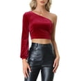 thumbnail image 1 of MODA NOVA Juniors Velvet Long Sleeve One Shoulder Crop Tops, 1 of 5