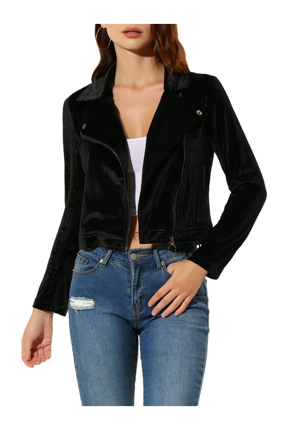 Juniors Velvet Notched Lapel Zipper Cropped Motorcycle Jacket