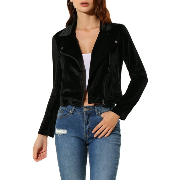 MODA NOVA Juniors Velvet Notched Lapel Zipper Cropped Motorcycle Jacket