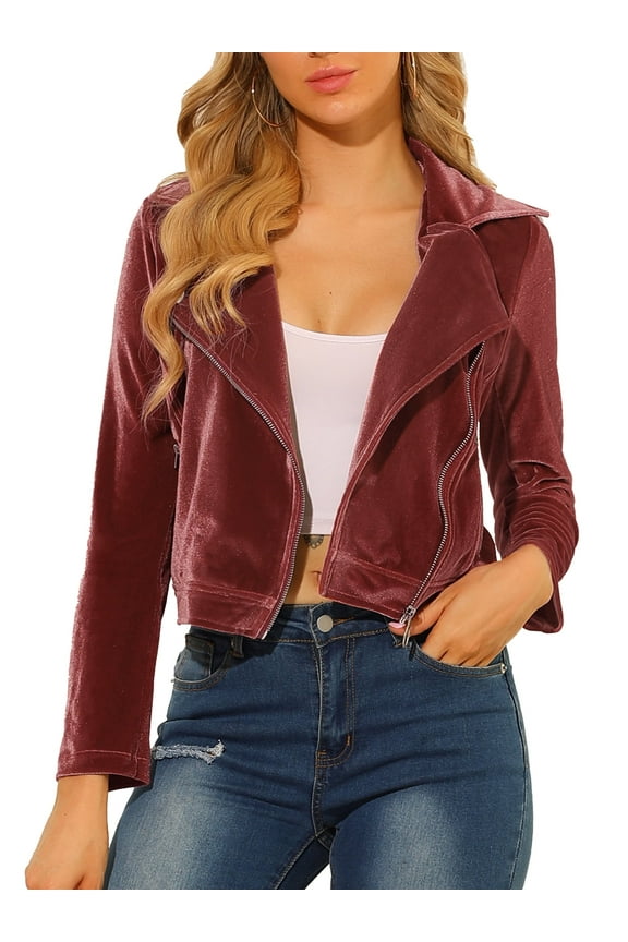 Juniors Velvet Notched Lapel Zipper Cropped Motorcycle Jacket
