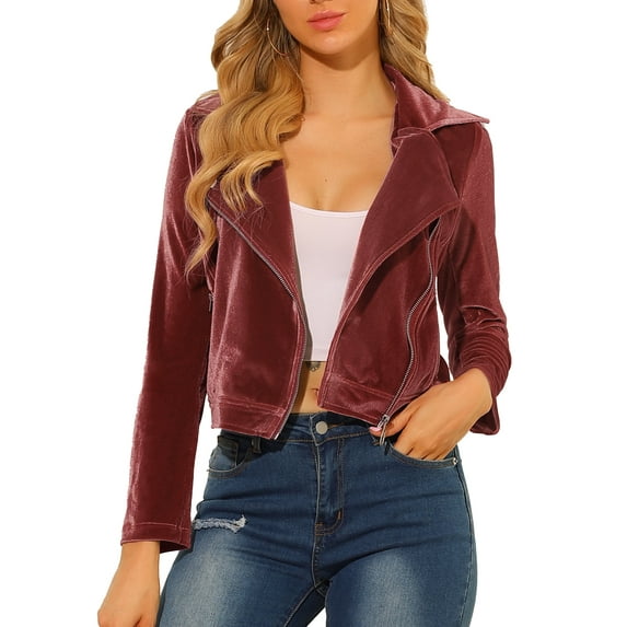 MODA NOVA Juniors Velvet Notched Lapel Zipper Cropped Motorcycle Jacket