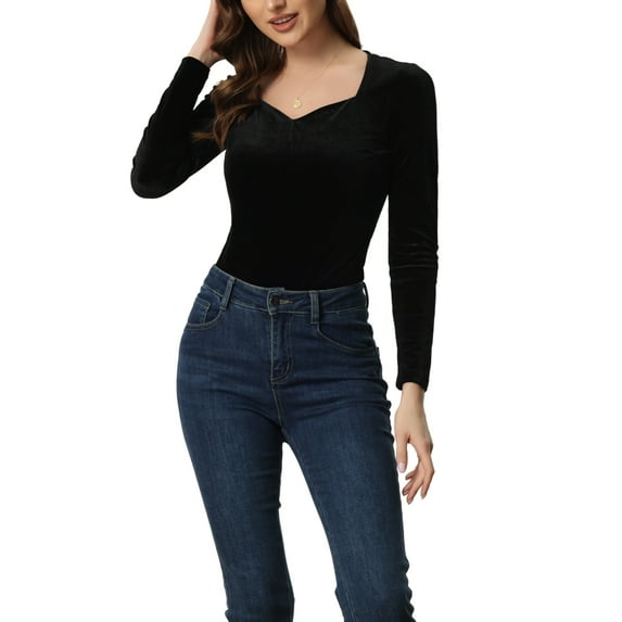 MODA NOVA Juniors Velvet Sweetheart Neck Elegant Long Sleeves Top Black L