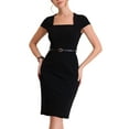 thumbnail image 1 of MODA NOVA Juniors Vintage Cap Sleeve Belted Square Neck Sheath Wear-to-Work Midi Dress, 1 of 5