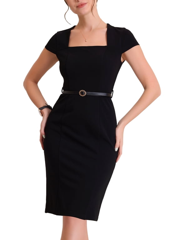 Juniors Vintage Cap Sleeve Belted Square Neck Sheath Wear-to-Work Midi Dress