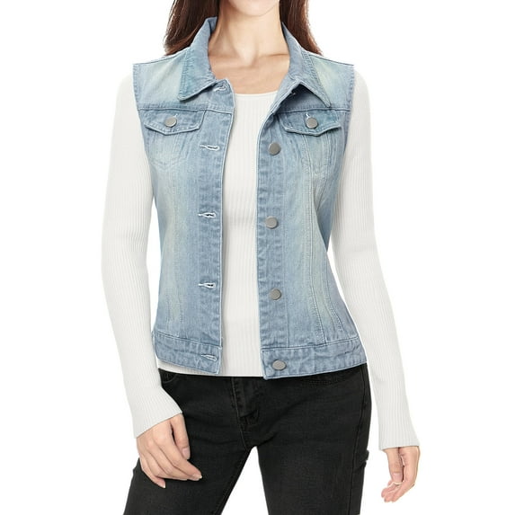 MODA NOVA Juniors Washed Chest Flap Pockets Single Breasted Denim Vest Jacket