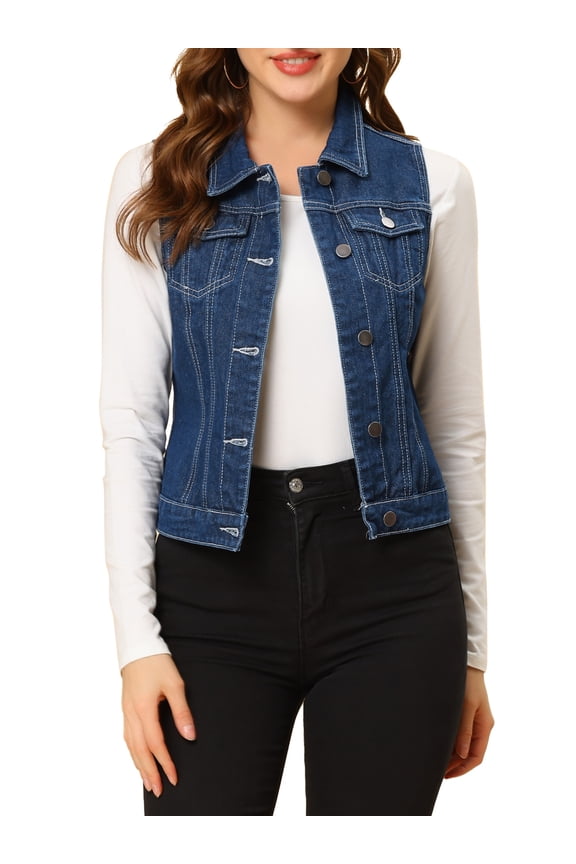 Juniors Washed Chest Flap Pockets Single Breasted Denim Vest Jacket