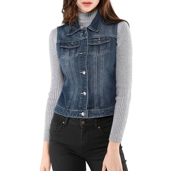 MODA NOVA Juniors Washed Chest Flap Pockets Single Breasted Denim Vest Jacket