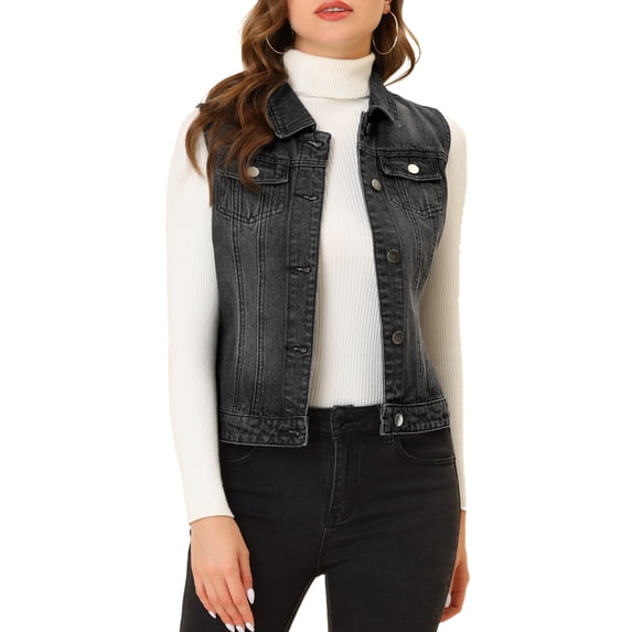 MODA NOVA Juniors Washed Chest Flap Pockets Single Breasted Denim Vest Jacket
