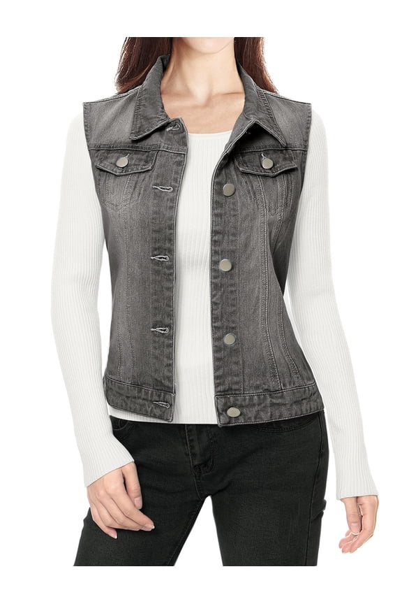 Juniors Washed Chest Flap Pockets Single Breasted Denim Vest Jacket