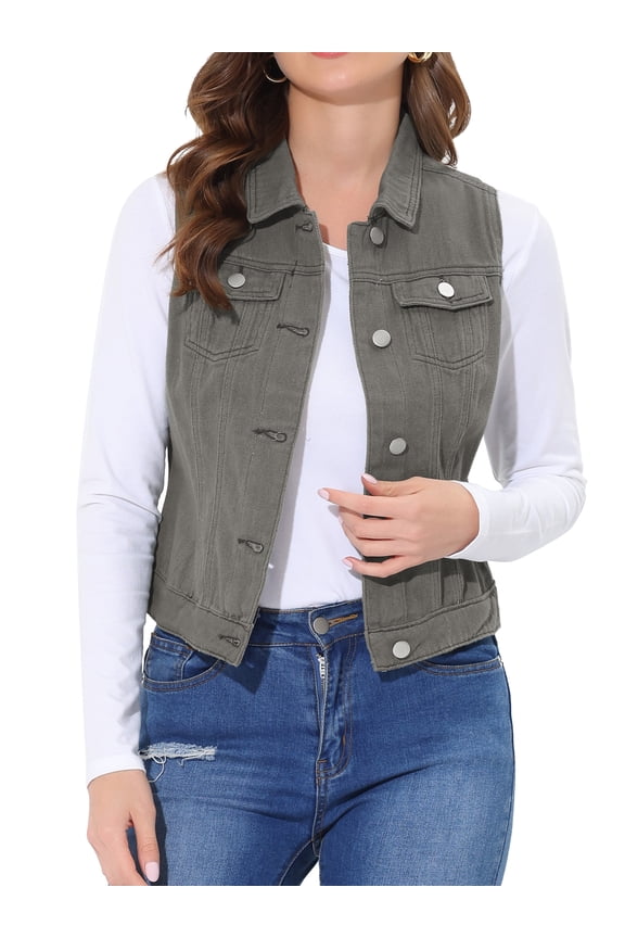 Juniors Washed Chest Flap Pockets Single Breasted Denim Vest Jacket