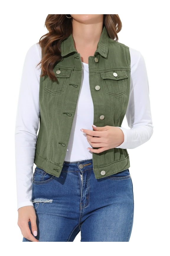 Juniors Washed Chest Flap Pockets Single Breasted Denim Vest Jacket