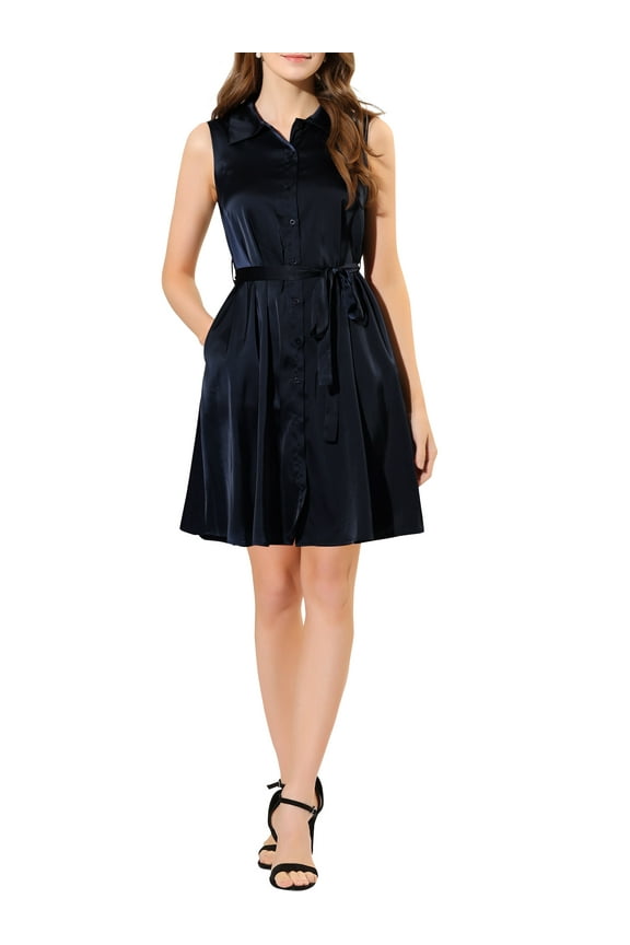 Juniors Wear to Work Sleeveless Satin Dresses Solid Button Down Belted Shirt Dress