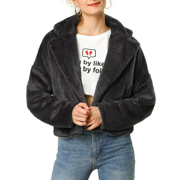MODA NOVA Juniors Winter Fashion Loose Faux Fur Coat Crop Jacket Black XS