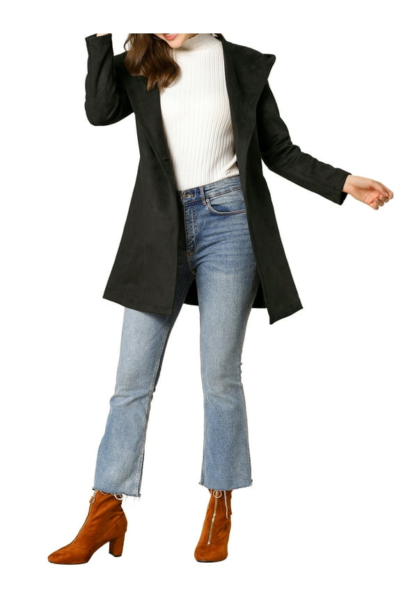 Juniors Winter Faux Suede Lapel Hooded Wrap Belted Long Trench Coat