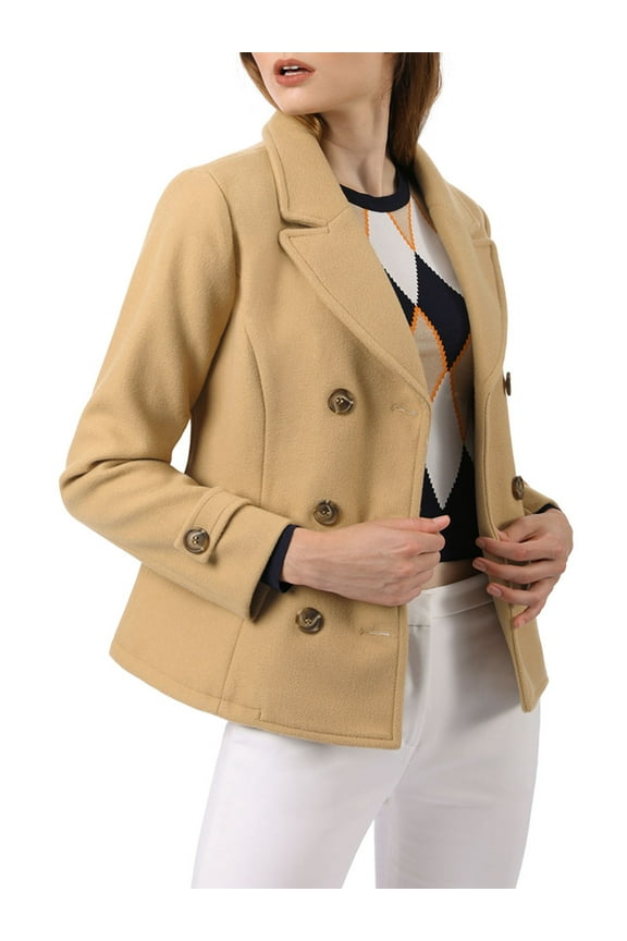 Juniors Winter Worsted Notched Lapel Double Breasted Short Peacoat Khaki M