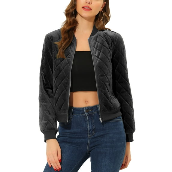 MODA NOVA Juniors Winter Zipper Velvet Surface Quilted Bomber Jacket with Pockets Black XS