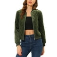 thumbnail image 1 of MODA NOVA Juniors Winter Zipper Velvet Surface Quilted Bomber Jacket with Pockets Green XS, 1 of 7