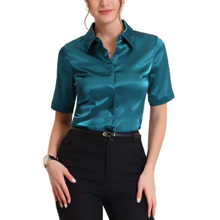 MODA NOVA Juniors Work Business Casual Summer Short Sleeve Satin Button Down Shirt Peacock Blue L