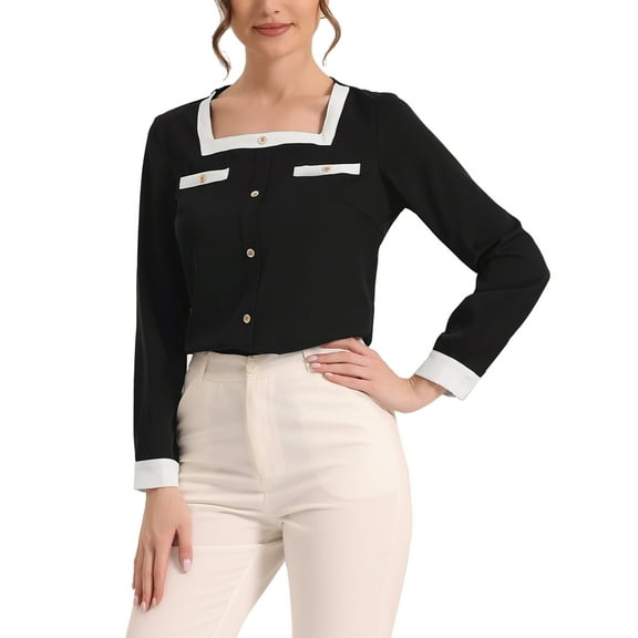 MODA NOVA Juniors Work Shirt Colorblock Long Sleeve Chic Square Neck Blouse Black XL