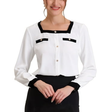 MODA NOVA Juniors Work Shirt Colorblock Long Sleeve Chic Square Neck Blouse White M