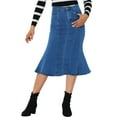 thumbnail image 1 of MODA NOVA Juniors Zip High Waist Ruffled Fishtail Hem Bodycon Midi Denim Skirt, 1 of 6