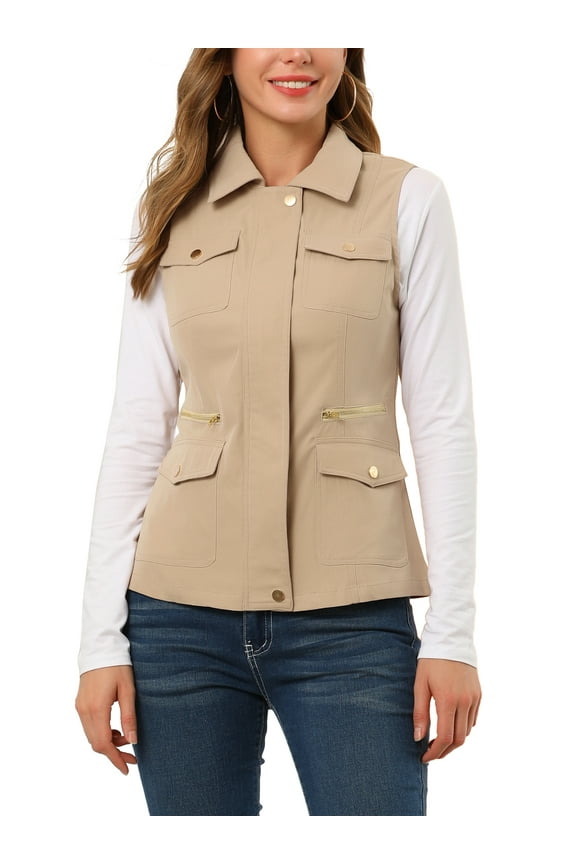 Juniors Zip Up Jacket with Pockets Sleeveless Anorak Utility Vest Khaki S