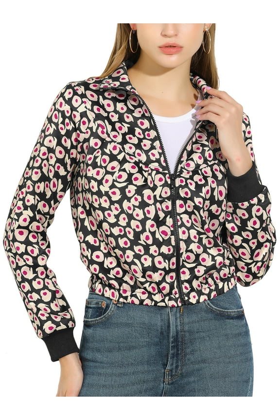 Juniors Zip up Turn Down Collar Elastic Hem Cropped Bomber Jacket Black S