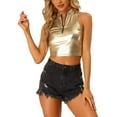 thumbnail image 1 of MODA NOVA Juniors’s Mock Neck Zipper Front Sleeveless Holographic Sparkle Party Tops Gold XL, 1 of 6