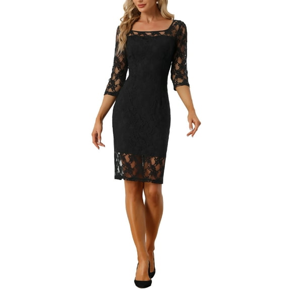 MODA NOVA Lace 3/4 Sleeve Dress for Juniors Square Neck Midi Straight Tired