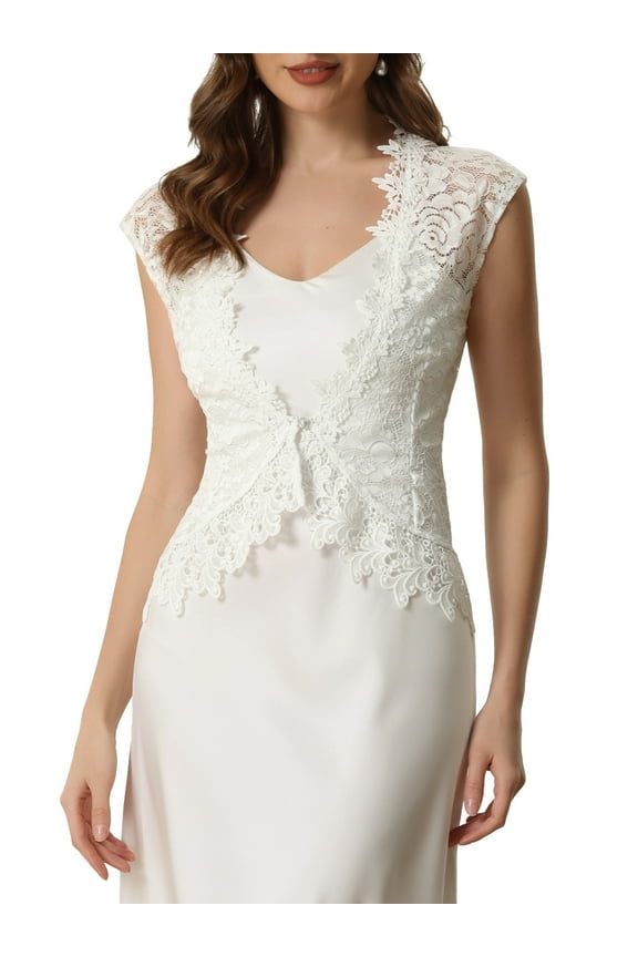 Lace Cap Sleeves Cardigan for Juniors’s Floral Evening Wedding Elegant Shrug White M