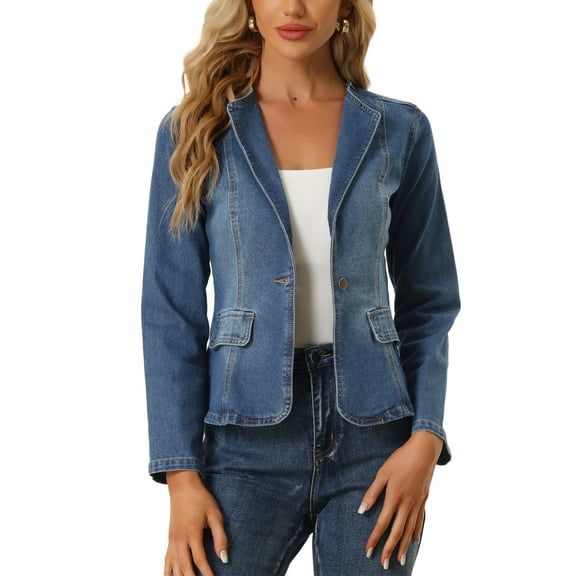 MODA NOVA Lapel Collar Jean Jacket for Juniors Long Sleeve One Button Denim Blazer